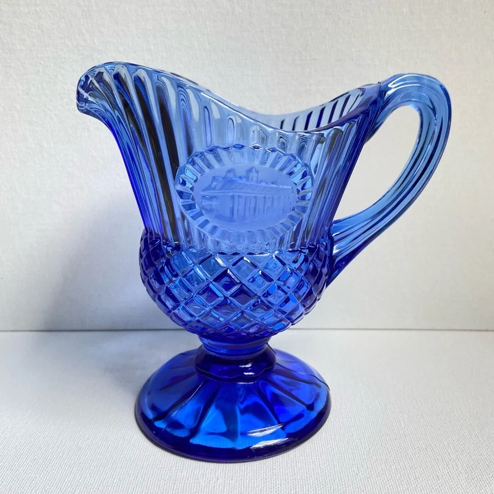 Avon Fostoria vintage blue pressed glass creamer pitcher Mt Vernon medallion